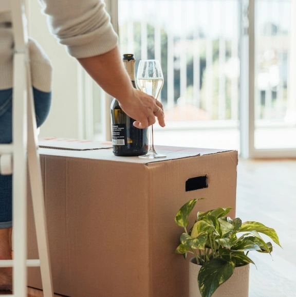 Einzug in neue Wohnung, Umzugskarton, Pflanze und Sektglas, das von einer Person hochgenommen wird