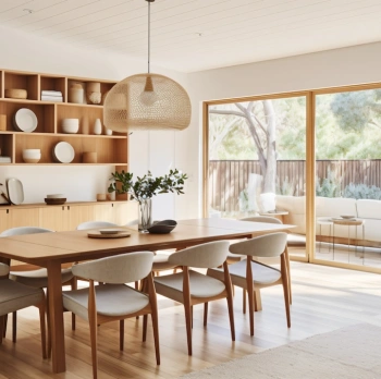 Esszimmer mit Blick auf Terrasse, eingerichtet im skandinavischen Stil