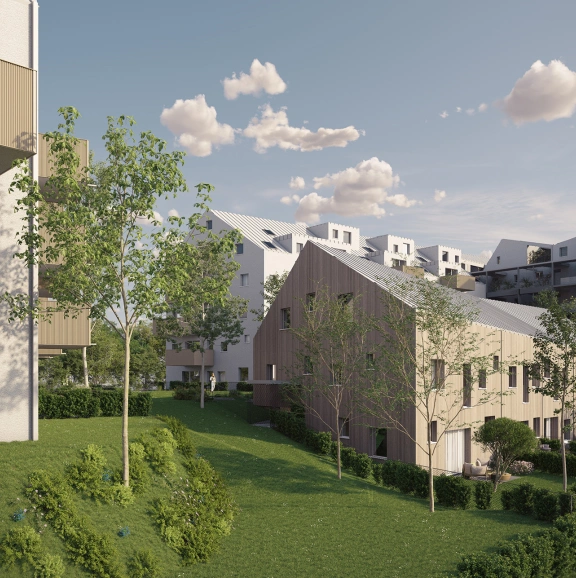 Wohnanlage Mayrhoferstraße mit Blick über die Wohnbauten und die grüne Umgebung