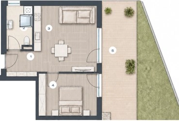 Grundriss der 2-Zimmer-Eigentumswohnung A04.2 mit Garten in Tirol, nahe Kitzbühel.