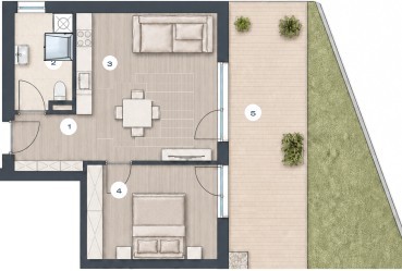 Grundriss der 2-Zimmer-Eigentumswohnung A04.2 mit Garten in Tirol, nahe Kitzbühel.