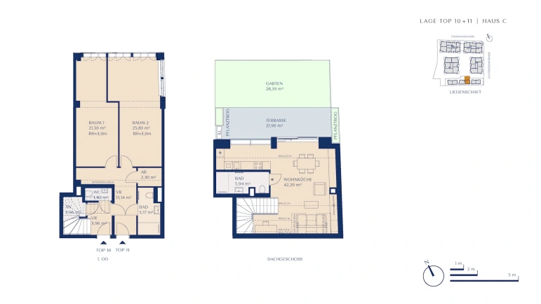 Grundriss Maisonette-Wohnung Top 10+11, Haus C: Dachgeschoss mit Wohnküche (42,20 m²), Bad (5,94 m²), Terrasse (21,90 m²) und Garten (28,33 m²); Obergeschoss mit zwei Zimmern (21,50 m² und 25,83 m²), Bad, WC, Abstellraum und Vorraum.