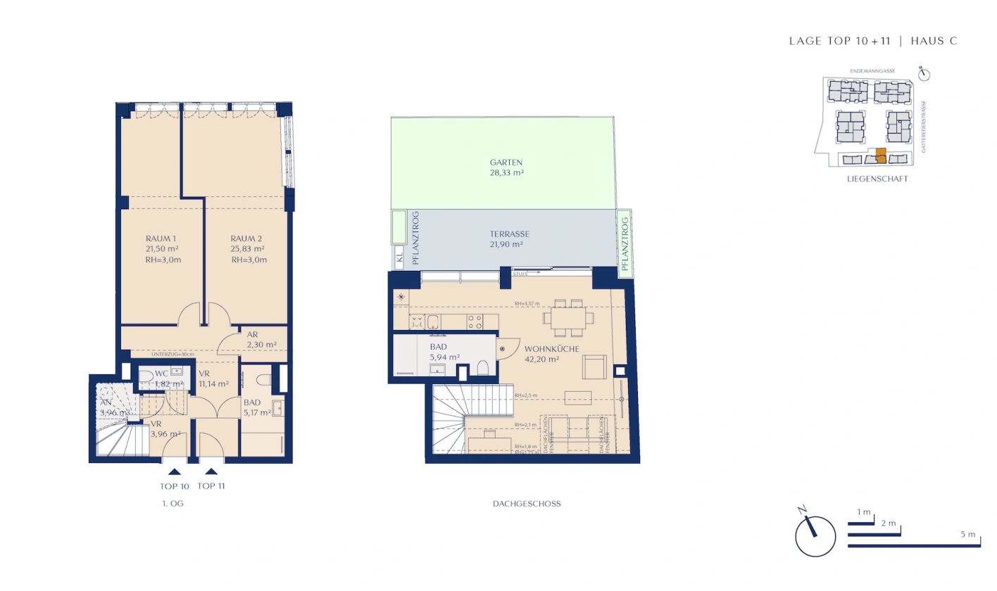 Grundriss Maisonette-Wohnung Top 10+11, Haus C: Dachgeschoss mit Wohnküche (42,20 m²), Bad (5,94 m²), Terrasse (21,90 m²) und Garten (28,33 m²); Obergeschoss mit zwei Zimmern (21,50 m² und 25,83 m²), Bad, WC, Abstellraum und Vorraum.